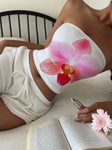 Aloruh Women Casual Vacation Pink Orchid Floral Print Bandeau Tube Top, Suitable For Summer, Vacation, Music Festival Beach Wear - Multicolor - View 6