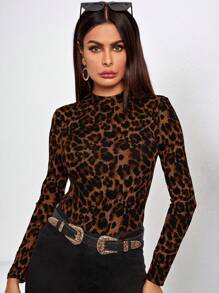 Chikora Áo thun cổ cao tay dài in họa tiết da báo thanh lịch cỡ lớn - Cà phê nâu - Xem 5