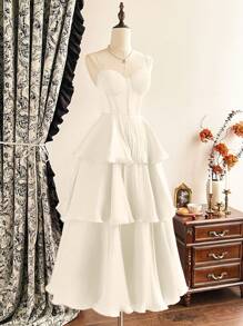 Vintamour 复古优雅女士派对连衣裙，修身紧身中长连衣裙，酒红色，适合所有季节情人节情人节服装连衣裙 - 杏色 - 查看 6