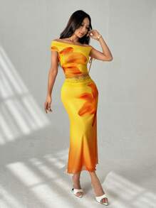 SHEIN PETITE 2 件套扎染花朵针织网眼短款上衣和美人鱼长裙，女士夏季度假装，适合日常穿着 - 彩色 - 查看 6