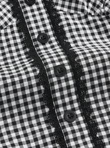 ROMWE Kawaii Áo sơ mi kẻ caro giản dị cho kỳ nghỉ xuân và hè có viền nhún bèo và tay bồng dành cho nữ, thắt eo - Đen và trắng - Xem 4