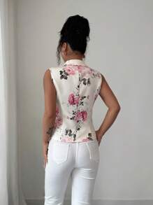 Elenzga Women Floral Print Distressed Collar Sleeveless Elegant Blazer