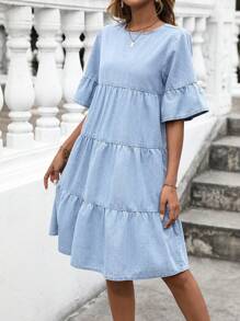 EMERY ROSE Women's Plain Round Neck Raglan Sleeve Ruffled Casual Denim Babydoll Dress For Summer - Blue and White - View 3