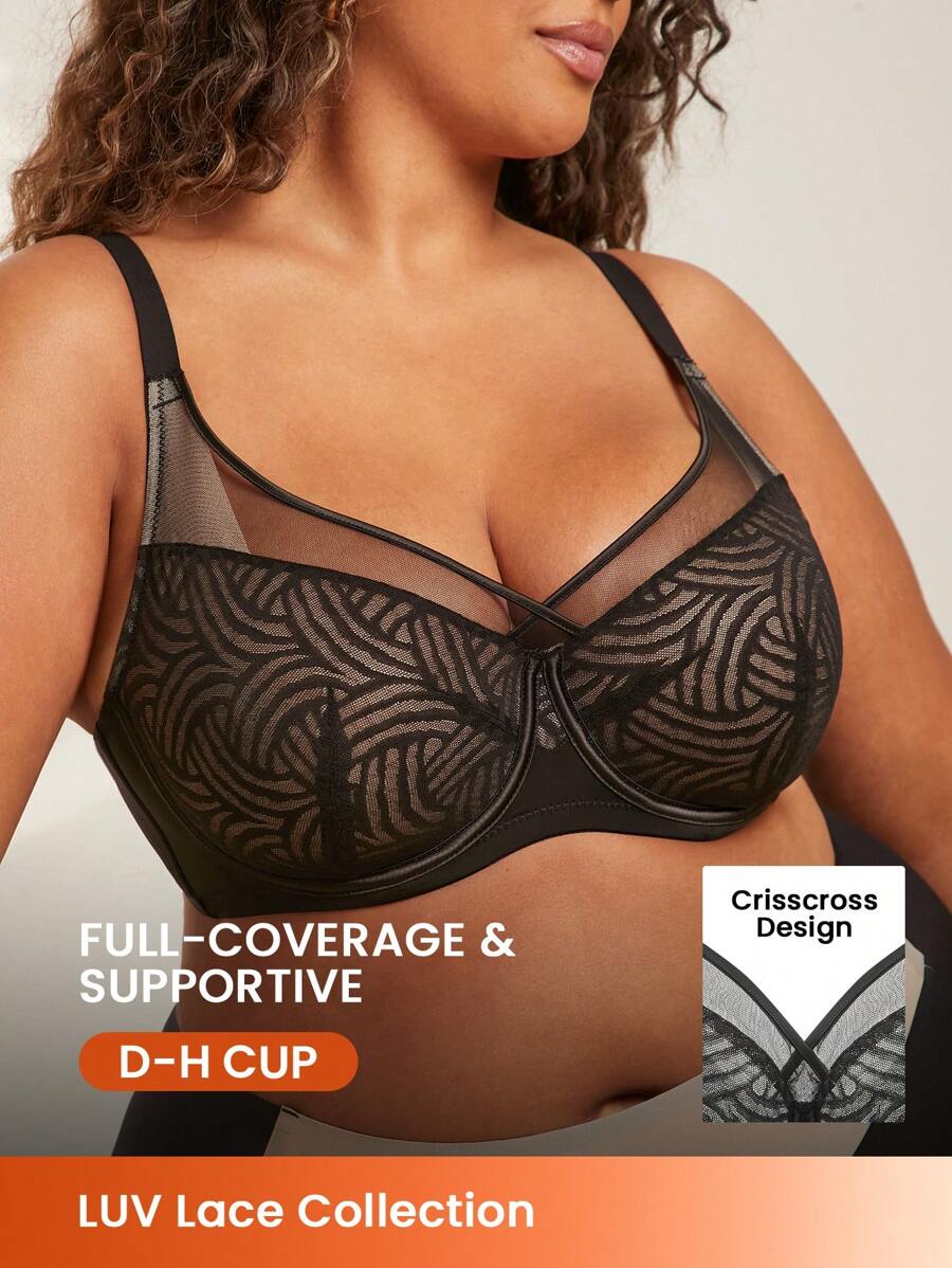 LUVLETTE Plus Black Lingerie Lounge Curve Sheer Full Coverage Support&Breathable Underwire Sexy Unlined Lace Elegance & Mesh Minimizer Bra - Black - View 1
