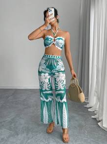 Elenzga Set de 3 piezas Traje de baño de mujer con Top estilo halter tipo bandeau con estampado floral y pantalón de playa, color aleatorio, para vacaciones de verano