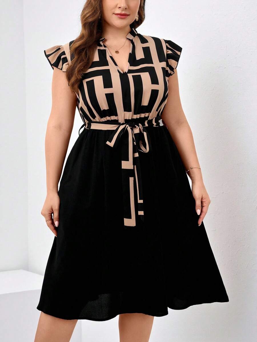 Chikora 大码女式纯色印花拼接简约日常连衣裙，适合夏季 - 彩色 - 查看 1