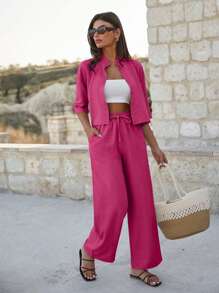 EURMUSE 女士棉质短款衬衫和高腰裤套装 - 玫紅色 - 查看 6