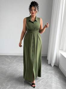 Elenzga Plus Size Women's Spring/Summer French Style Sophisticated Elegant Minimalist High-End Commuting Office Casual Vacation Afternoon Tea Solid Color Shirt Collar Open Front Button Closure Waist Crossed Tie 2 In 1 Sleeveless Shirt Dress Mid-Length Maxi Dress