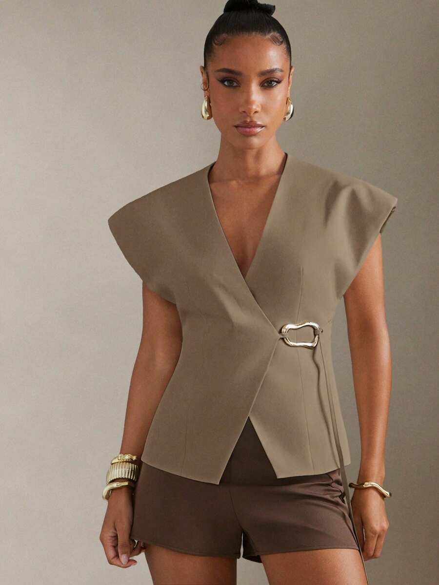 Hauture 前扣盖袖 V 领优雅上衣 - 咖啡棕 - 查看 1