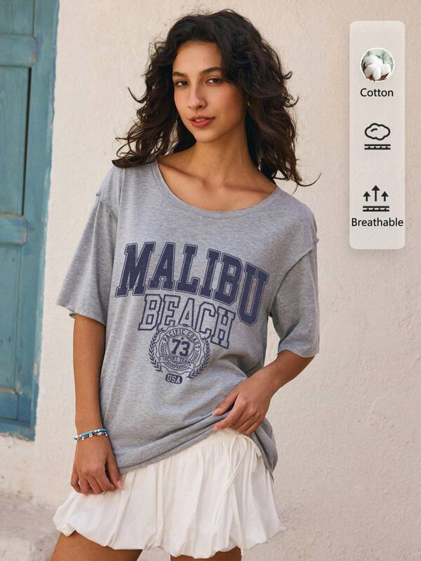 Tseoso Malibu Beach School Badge Pattern Loose Casual Off Shoulder Slant Shoulder Cotton T-Shirt, Suitable For Spring And Summer, Retro Style