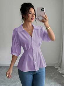 Franclia Blusa con escote en V blanca de manga corta y cintura ceñida, diseño único para verano - Morado - Ver 7