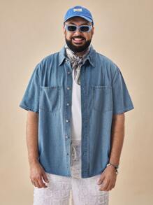 EASEVO Plus Size Men's Casual Blue Denim Short Sleeve Shirt, Suitable For Summer
