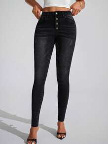 SHEIN Tall Women's Mid-Waisted Multibutton Distressed Skinny Jeans - Black - View 4