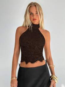 Aloruh 女士蕾丝露背性感吊带背心 - 棕色 - 查看 1