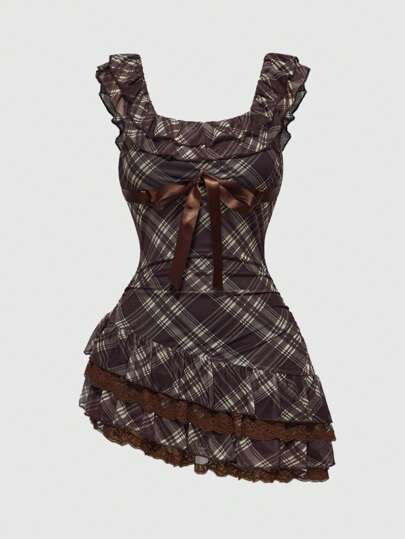 J-Fashion Women's Y2K Millennium Retro College Style Asymmetrical Hemline Square Collar Ruffle Lace Trim Mini Dress