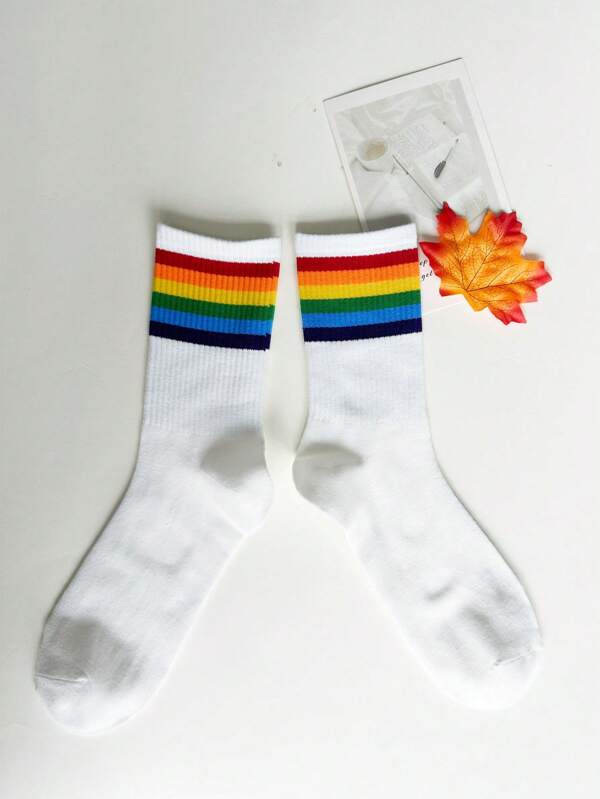 ORANGE STUDIO Women Rainbow Striped Pattern Mid-Calf Socks, Summer
