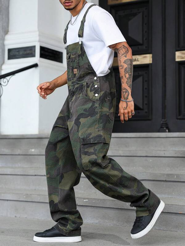 Manfinity Hypemode Peto vaquero para hombre, mono casual con estampado de camuflaje adecuado para el verano