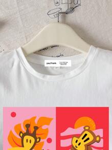 Paul Frank X SHEIN Tween Girl Casual & Funny Cartoon & Letter Print Short Sleeve White T-Shirt, Summer