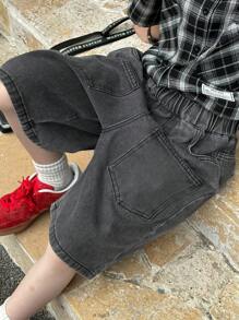 DAZY 青少年男孩松紧腰口袋宽松休闲牛仔短裤，返校服，秋装 - 淺灰色 - 查看 4