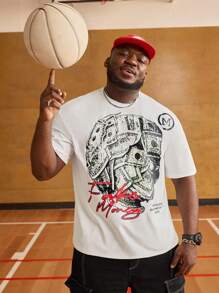 EASEVO 大码男式宽松字母印花圆领短袖针织 T 恤