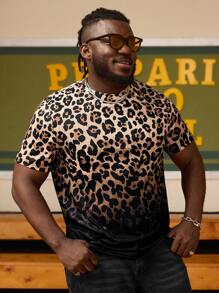 EASEVO Plus Size Men's Loose Knit Leopard Gradient Print Round Neck Short Sleeve T-Shirt - Black - View 7
