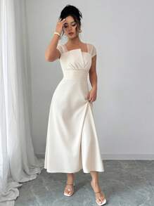 Selianne Đầm ôm body chắp vá tay lưới thường ngày cho nữ - Màu be - Xem 3