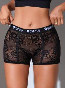 SHEIN Women's Black Lace Boyshorts Underwear Elegant Fantasy-Style Knitted Shorts With Love You Print