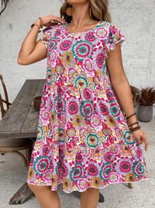 SHEIN VCAY Đầm thường ngày họa tiết hoa ngày lễ cỡ lớn cho nữ cổ tròn tay lửng viền bèo nhún - Nhiều màu - Xem 3