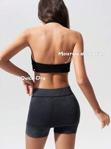 Menodora SHEIN Sport Movishi Moisture Absorption & Quick Dry Plain Knit Cropped Backless Halter Tank Top - Black - View 3