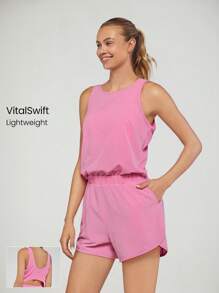 GLOWMODE Enterizo con recortes, bolsillos y ropa interior incorporada para correr y hacer ejercicio de impacto medio con secado rápido VitalSwift en talla mediana