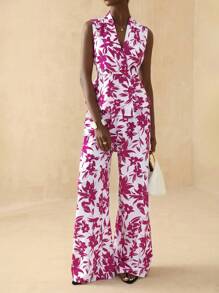 Vesra 2 件套女士春夏花卉印花无袖交叉 V 领上衣和长裤套装 - 紫色 - 查看 1