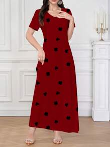 Mulvari Women's Elegant V-Neck Short Sleeve Printed Knit Dress, Suitable For Layering, Work, Dating, Casual, Party, Festivals. Featuring Clover Print Design, Flattering Silhouette, Perfect For Summer Women Casual Dress Women Dresses Birthday Women S Clothes Women Plus Clothing Formal Women Birthday Outfit