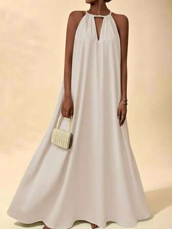 Vesra 女式纯色简约日常装摇领露背长裙度假海滩装