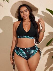 Swim Vcay Set de bikini con estampado de hojas tropicales, con tirantes atados al cuello y cordones cruzados en el pecho, para tallas grandes, nuevo lanzamiento 2025, estilo europeo y americano