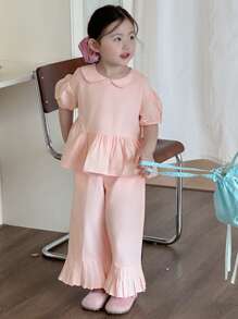 DAZY Young Girl (Small) Cute Peter Pan Collar Puff Sleeve Shirt + Mid-Length Flared Hem Relaxed Casual Pants 2-Piece Set, Summer - Pink - View 6