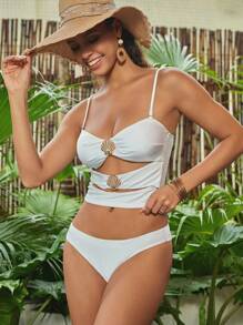 Swim Chiccia 女士纯色金属外壳装饰镂空抹胸式比基尼泳装 - 米色 - 查看 3