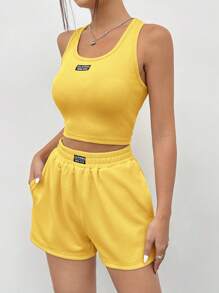 SHEIN EZwear 浅黄色针织无袖女式背心套装 - 鵝黃色 - 查看 3