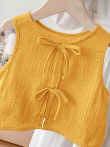 SHEIN LMoss Kids Top de tirantes estilo línea A en tela texturizada con detalles de lazo flojo sin espalda, informal para niña joven, para primavera y verano