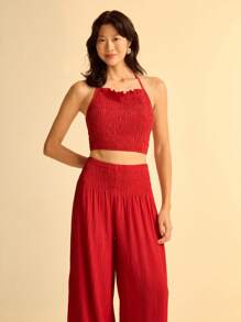 CAJUNI Women's Boho Style Tropical Print Pleated Halter Tank Top And Long Pants Vacation Beach Casual Set, Summer - Red - View 7