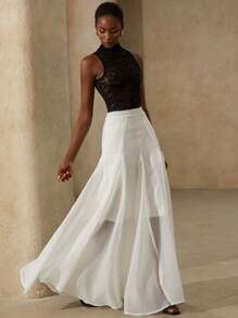 Aveloria Rosie 高端淑女碎花拼接荷叶边下摆纹理面料半身裙，法式奢华风 - 白色 - 查看 5