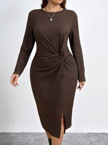 Chikora Đầm midi bodycon xẻ eo màu trơn đơn giản cỡ lớn, mùa thu - Cà phê nâu - Xem 1