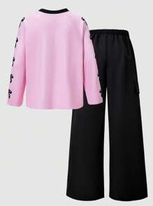 2 pezzi Set di abbigliamento per ragazze pre-adolescenti con blocchi di colore, camicia a maniche lunghe con stampa di fiocco, lettere e numeri, e pantaloni cargo con tasche laterali, adatto per il ritorno a scuola in primavera e autunno