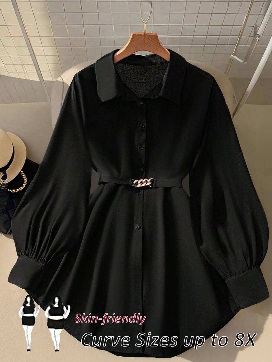 SHEIN CURVE+ Blusa de mujer con mangas de farol largas y decoración metálica, elegante y de moda