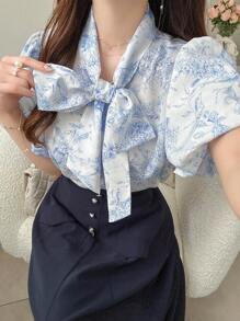 FRIFUL 女士花卉印花系带泡泡袖度假衬衫 - 粉色 - 查看 3