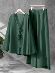 Linhara 2pcs Plus Size Women Solid Color Long Sleeve Tie Front Shirt And Wide Leg Pants Casual Loose Suit Fall Cloth For Women - Mint Green - View 1
