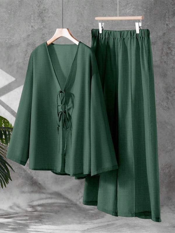 Linhara 2 piezas Conjunto casual suelto para mujer de talla grande con camisa de manga larga con nudo al frente y pantalones de pierna ancha de unicolor