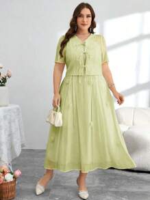 Modelyn Women 2Pcs Set: Chiffon Short Sleeve Tie Strap Jacket + Floral Decor Camisole Dress, French Elegant Style - Green - View 1