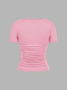 SHEIN EZwear 4件套休闲简约纯色方领短袖T恤女上衣，黑色、粉色、灰色、白色，适合春夏季