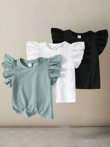 SHEIN 3pcs Set Young Girls' Solid Color Round Neck Ruffle Hem Fitted T-Shirts, School, Campus, College