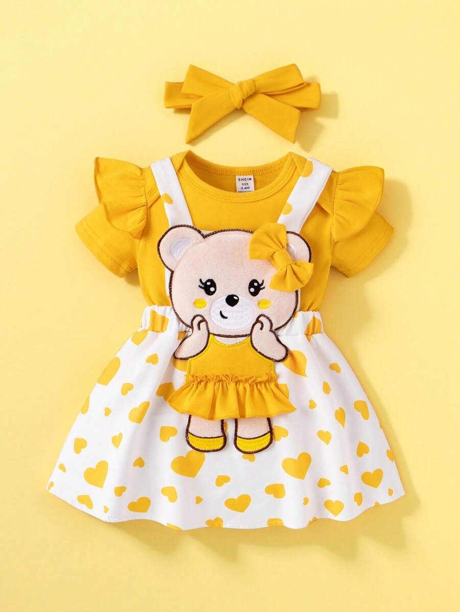 SHEIN Playful Pals 女嬰可愛愛心圖案泰迪上衣吊帶洋裝黃色夏季休閒套裝家庭穿搭荷葉邊短袖連身衣套組 - 黃色 - 查看 1